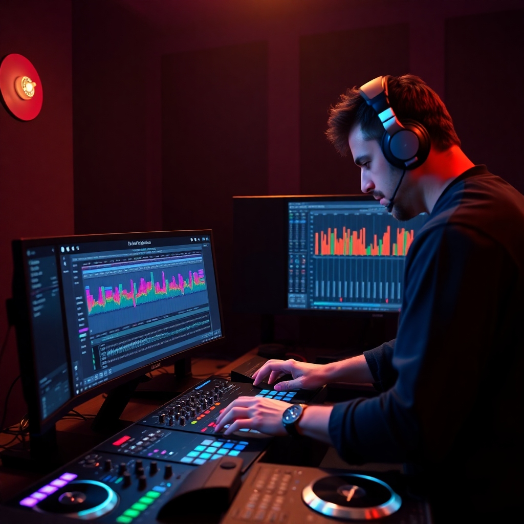 A photorealistic image of a DJ meticulously working on a digital audio workstation (DAW) software interface on a high-resolution monitor. The screen displays colorful waveforms, EQ settings, and mixer controls.  The DJ is wearing headphones and has a focused expression, surrounded by professional studio equipment like controllers and mixers in a dimly lit room.