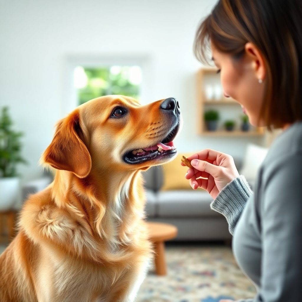 A photorealistic image of a dog attentively looking at its owner, who is holding a treat in one hand and pointing with the other, in a brightly lit living room. The background should be slightly blurred, focusing on the interaction between dog and owner, emphasizing the calmness and consistency of the training session. The dog should be a medium-sized breed, such as a golden retriever or Labrador, with a happy expression.