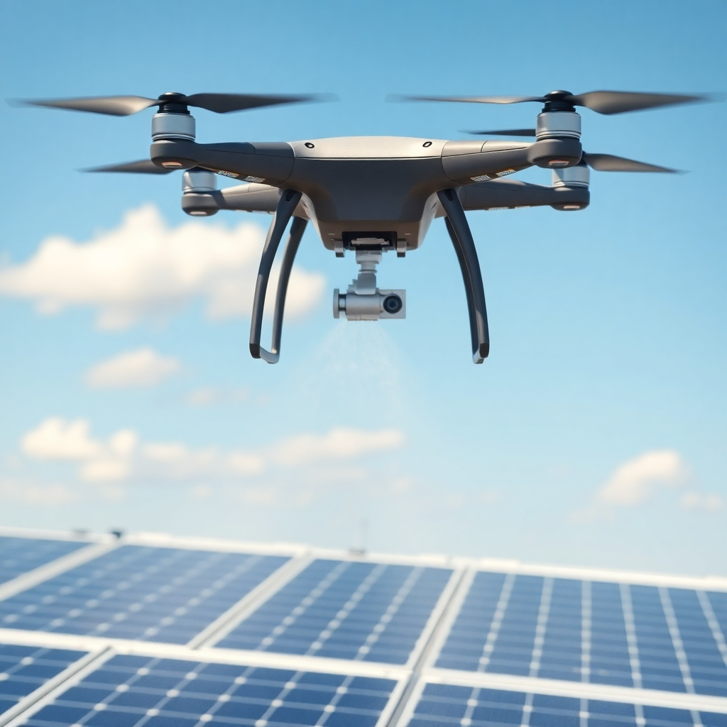 A photorealistic image of a drone equipped with a high-pressure water sprayer gently cleaning a large array of solar panels on a commercial rooftop. The image should depict a clear sunny day with a cloudless blue sky. The drone should be in flight, and the water spray should be visible, illustrating the efficient cleaning process. The solar panels should be shown clean and gleaming after the treatment.