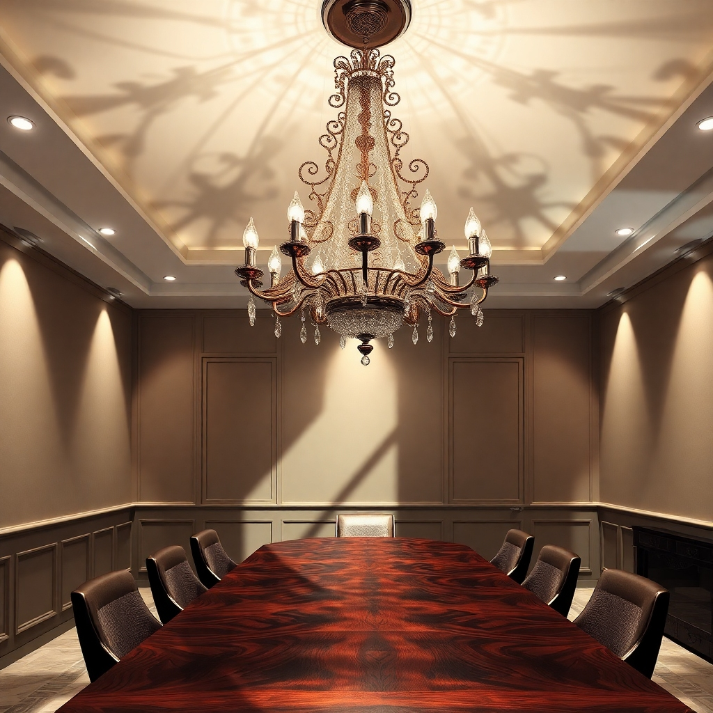 A photorealistic image of a dramatic dining room. A large, ornate chandelier serves as the central light source, casting captivating shadows on the walls and the polished wooden dining table.  Recessed lighting complements the chandelier, providing functional illumination while accentuating the room's architectural details. The image should showcase how the interplay of light and shadow enhances the room's elegance and creates a sophisticated atmosphere.