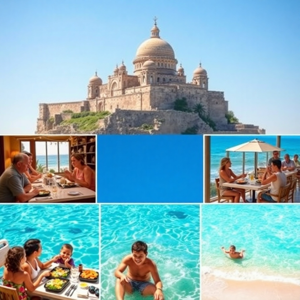 A photorealistic image of a family enjoying a variety of vacation activities.  The image should include a montage of several smaller pictures showing various aspects of an affordable vacation: a family exploring a historical landmark, enjoying a delicious meal at a local restaurant, swimming in a crystal-clear ocean, and relaxing on a beautiful beach. The images should be vibrant and well-lit, conveying a sense of fun, adventure, and relaxation.