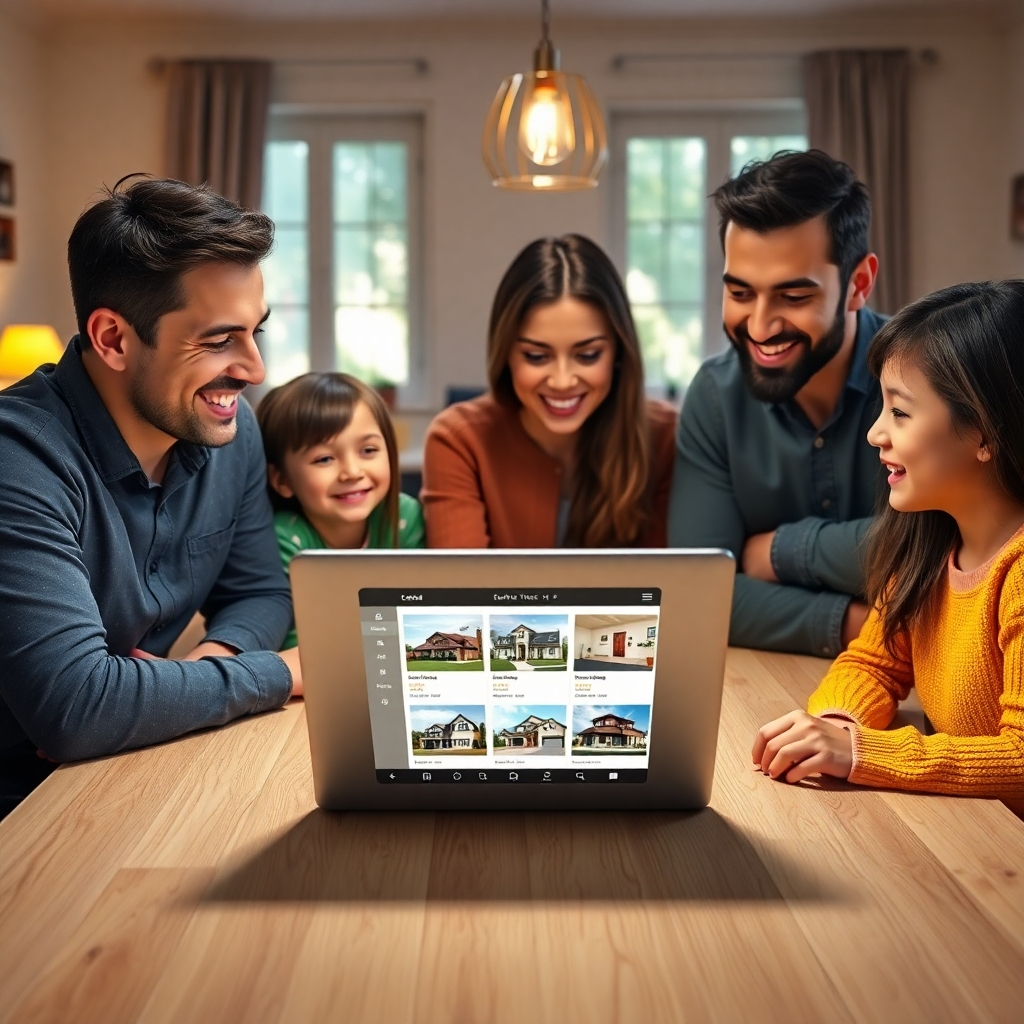 A photorealistic image of a family sitting around a table, looking at a laptop displaying a real estate website with various property listings. The scene should be bright and cheerful, with a warm, inviting atmosphere. The family should look happy and engaged, expressing excitement and anticipation.
