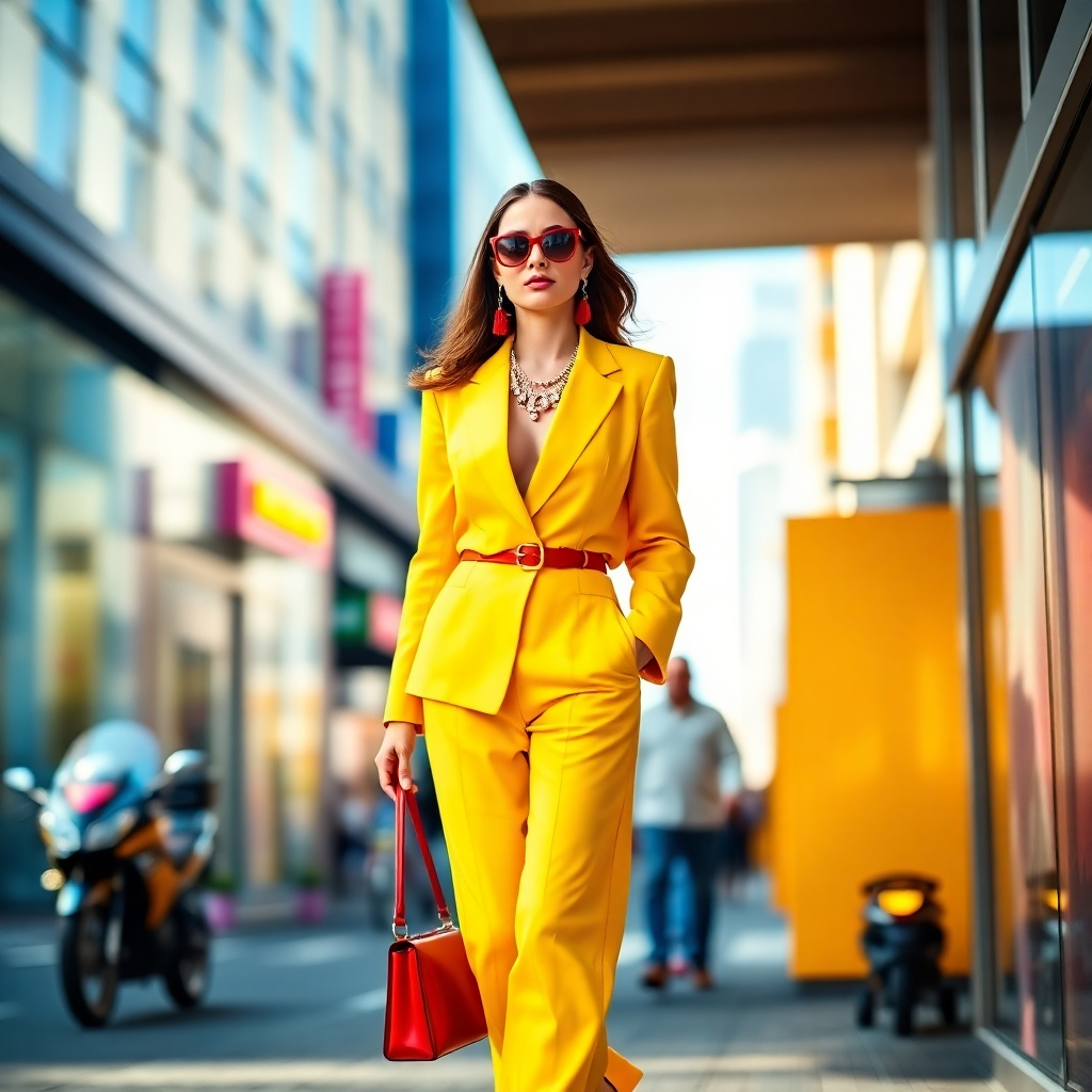 A photorealistic image of a fashion model walking down a city street, wearing a vibrant yellow pantsuit with bold red accessories.  The background should be a bustling city street with a bright, sunny atmosphere. The image should focus on the bold colors and the model's confident pose. High-end fashion photography style, sharp focus, natural lighting, cinematic depth of field.