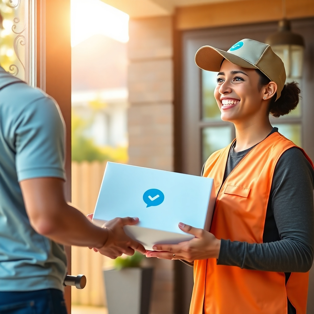 A photorealistic image of a friendly delivery person in uniform handing a neatly packaged online store order to a happy customer at their front door. The package should be clearly branded with the online store's logo. The background should show a residential area with sunlight and a friendly atmosphere.