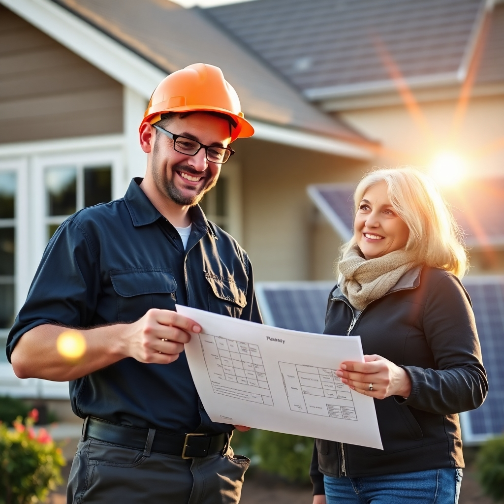 A photorealistic image of a friendly, professional solar technician in uniform, explaining a solar panel diagram to a smiling homeowner. The background should feature a well-maintained home with solar panels, with natural sunlight highlighting the positive interaction. The overall feeling should be one of trust and expertise.