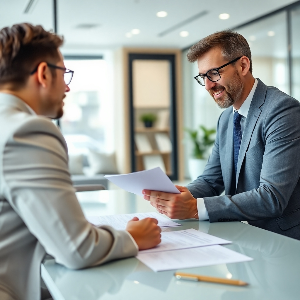A photorealistic image of a friendly insurance broker sitting across a table from a client, attentively listening and reviewing insurance documents together. The scene should be set in a bright, modern office, emphasizing trust and collaboration. The broker should have a warm and approachable demeanor, and the documents should be clearly visible, subtly suggesting various insurance policy options.