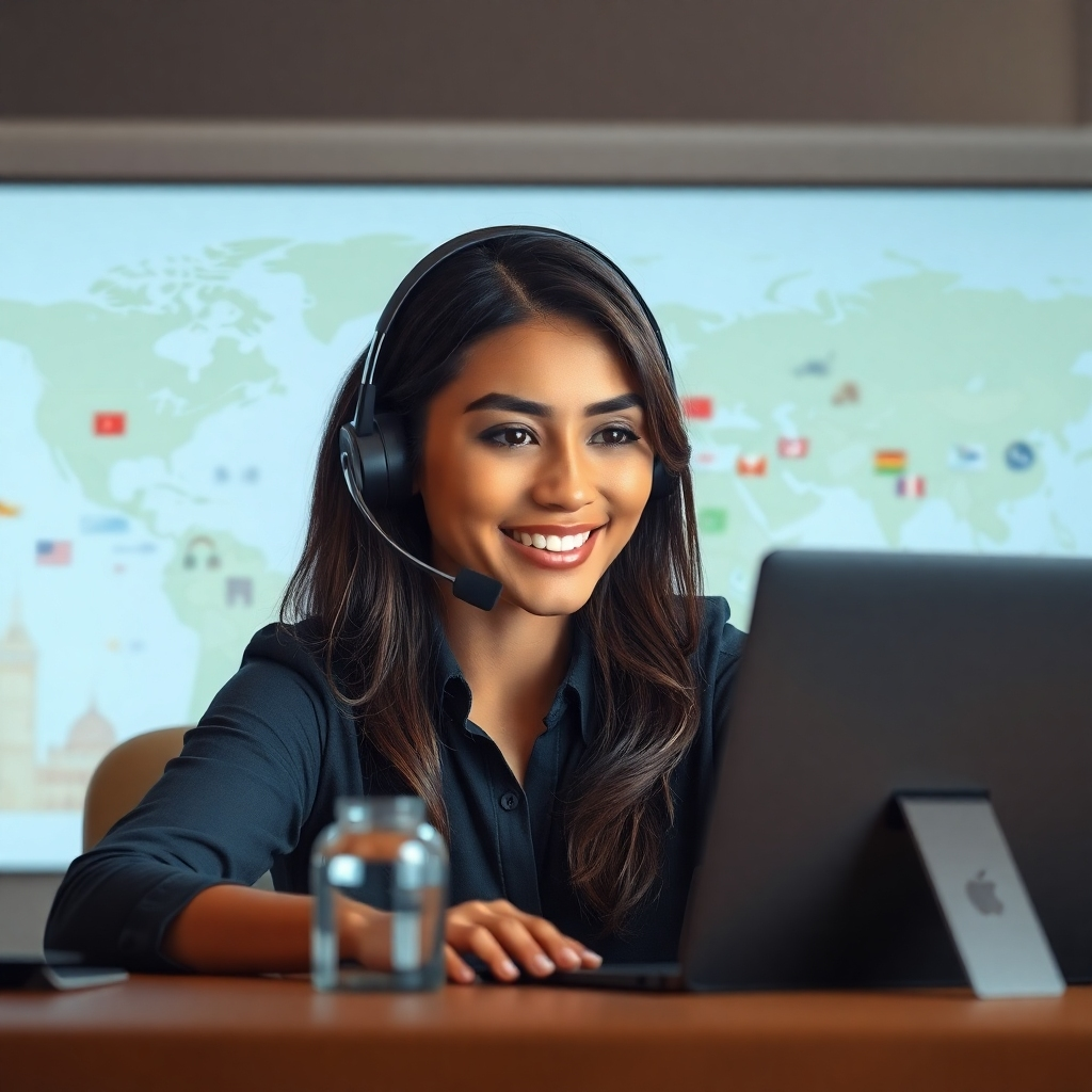 A photorealistic image of a friendly customer support agent actively helping a traveler via video call, showing a calm and reassuring expression. The background should subtly incorporate a world map and various travel icons, symbolizing global reach and support.