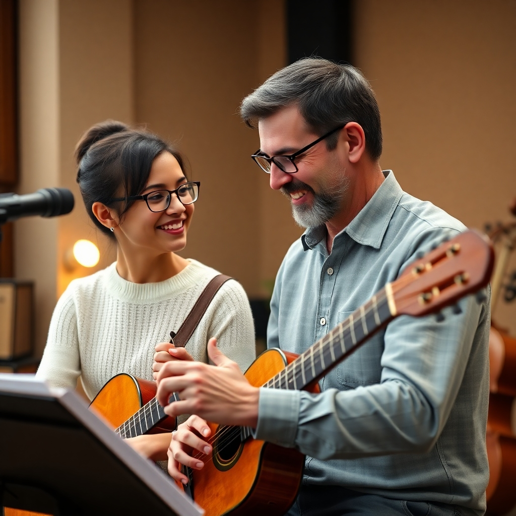 A photorealistic image of a friendly, encouraging music teacher patiently guiding a student during a one-on-one lesson. The setting is warm and inviting, perhaps in a well-lit music studio with instruments visible in the background.  The expressions on both faces should clearly show mutual respect and engagement.