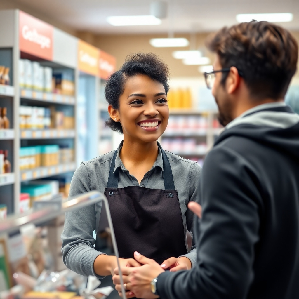 A photorealistic image of a friendly retail store employee assisting a customer. The employee is smiling and making eye contact, actively listening to the customer and offering helpful suggestions. The setting should be a well-organized section of the store, with a warm and welcoming atmosphere. The focus should be on the positive interaction between the employee and customer.