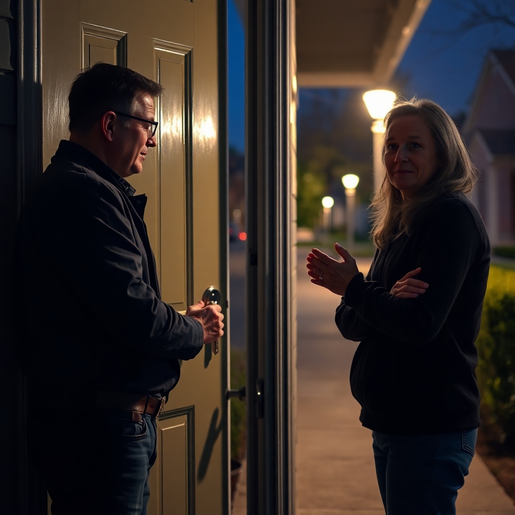 A photorealistic image of a friendly locksmith unlocking a house door at night, with a worried homeowner looking relieved. The scene is well-lit, showing the locksmith's professional tools and the homeowner's expression of gratitude.  The background is slightly blurred but shows a suburban residential street at night.