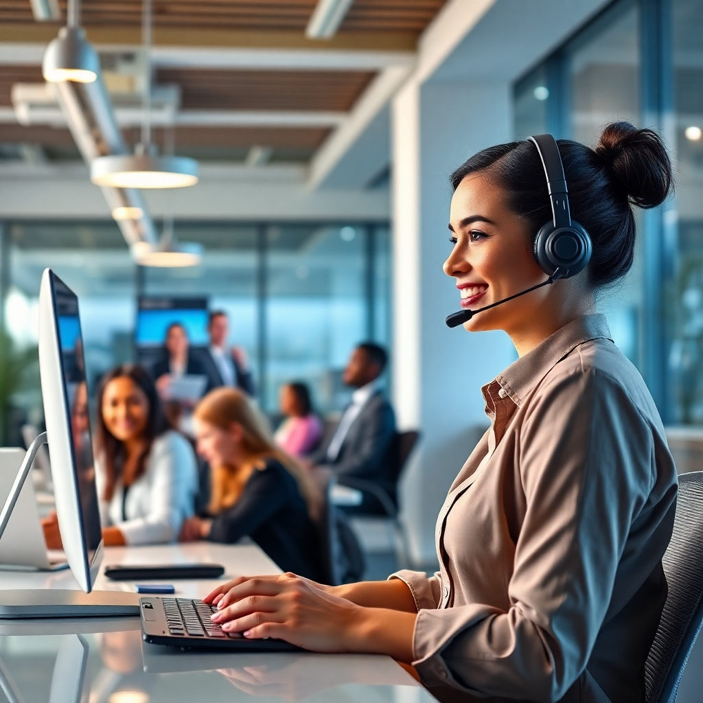 A photorealistic image of a friendly customer service representative attentively assisting a traveler via video call, while showcasing a diverse team of travel support agents in a modern, vibrant office setting
