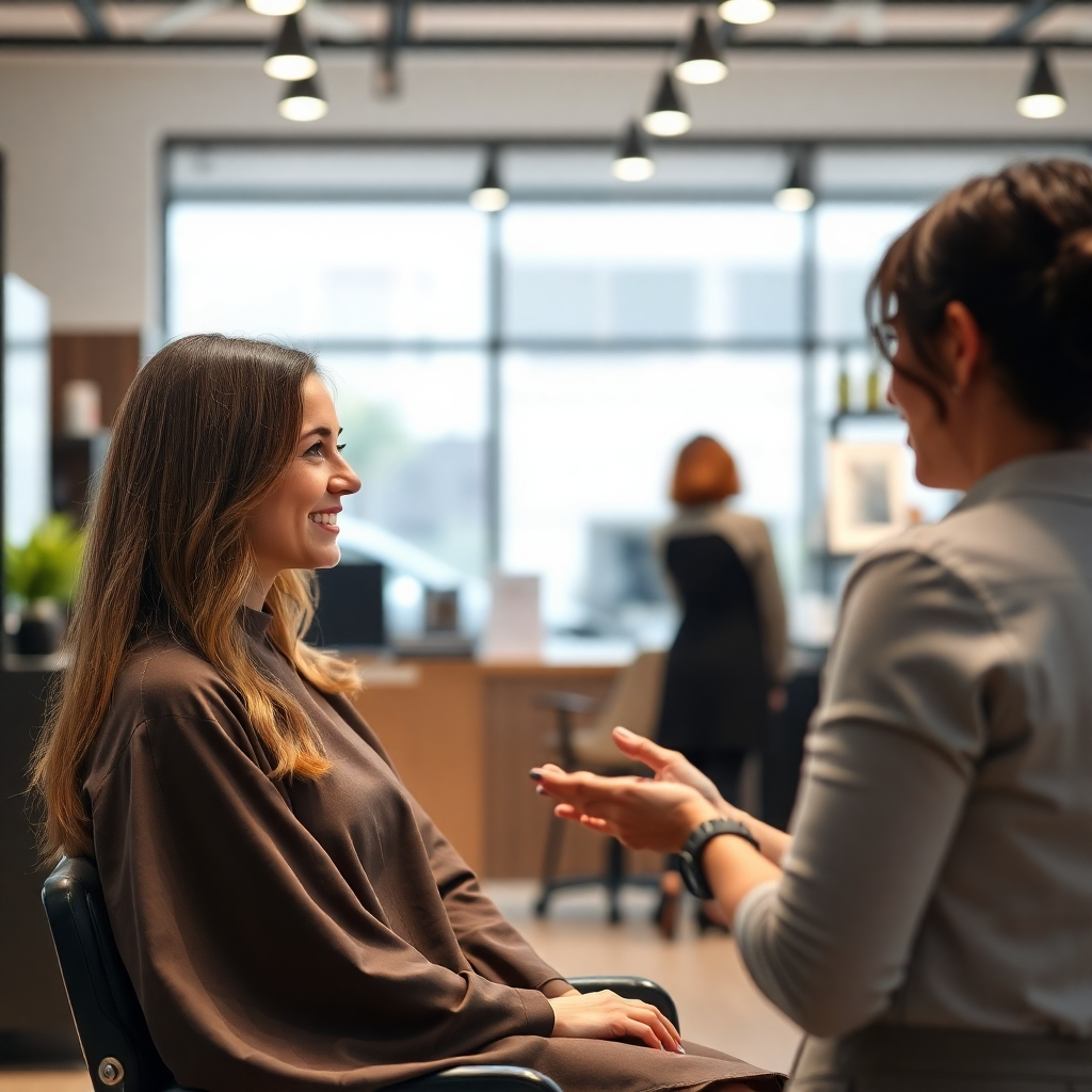 A photorealistic image of a friendly, professional hair stylist attentively listening to a client during a consultation. The setting is a clean, well-lit salon with a calm and inviting atmosphere.  The image should convey trust, attentiveness, and a collaborative relationship between stylist and client. Focus on the genuine interaction and detailed communication.