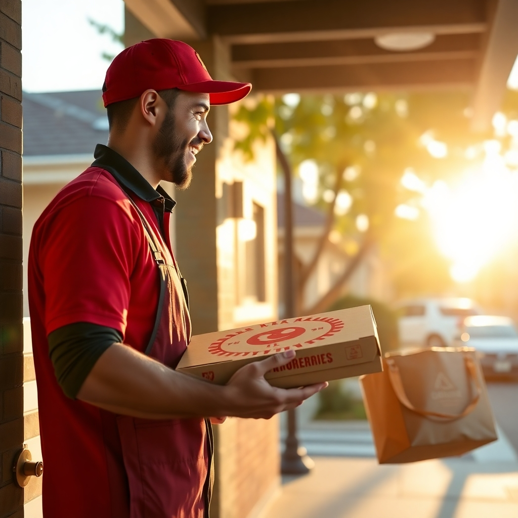 A photorealistic image of a friendly delivery driver handing a pizza box to a happy customer at their front door. The pizza box should have the restaurant's logo and look warm. The background should be a sunny suburban street.