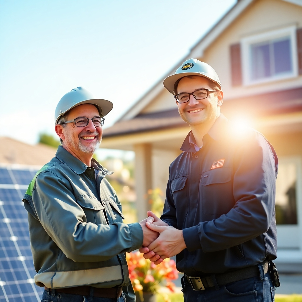 A photorealistic image of a friendly, uniformed solar technician smiling and shaking hands with a happy homeowner in front of a house with solar panels. The sun is shining brightly, and the scene is cheerful and trustworthy. The background should be slightly blurred to focus on the interaction.