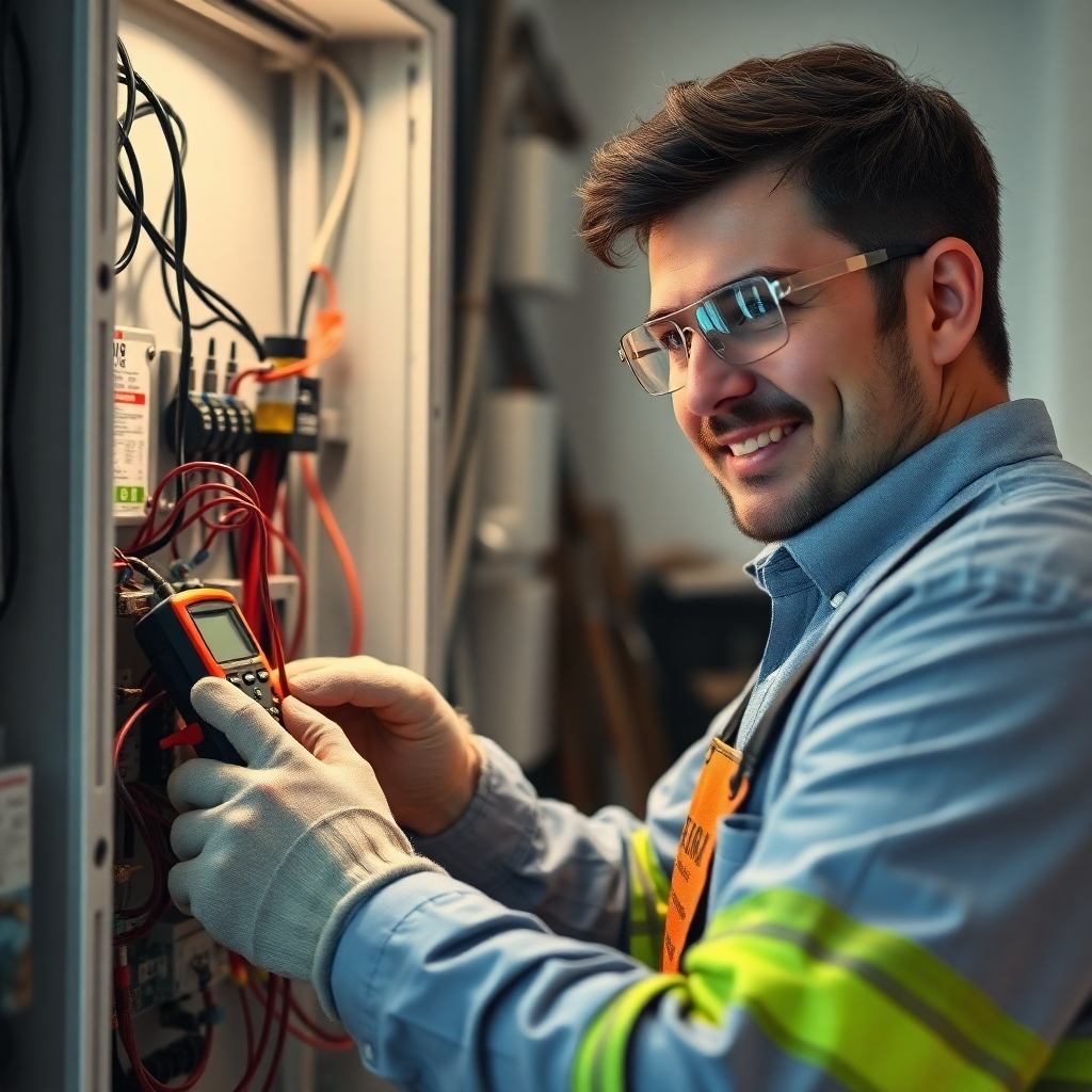 A photorealistic image of a friendly electrician carefully inspecting a complex electrical panel with various wires and components, using a digital multimeter. The background should be a clean, well-lit home setting. The electrician should be wearing safety glasses and gloves. High resolution, detailed, sharp focus on the electrician's focused expression and hands.