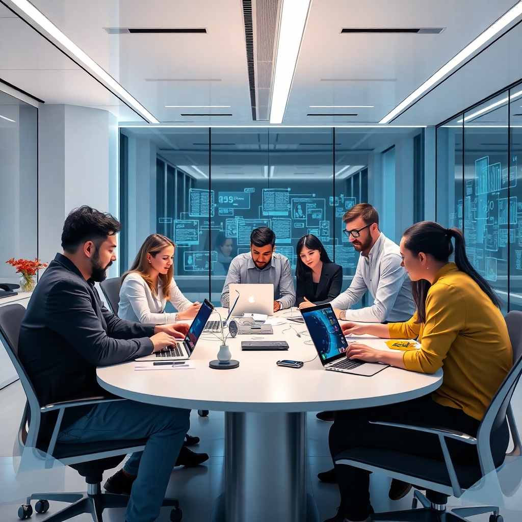 A photorealistic image of a futuristic-looking office with sleek, minimalist design. A diverse team is brainstorming around a table, with advanced technological devices and product prototypes visible. The focus should be on the innovative ideas and collaborative spirit, conveying a sense of creativity and forward-thinking. The image should project a sense of dynamism and excitement related to new technological advancements.