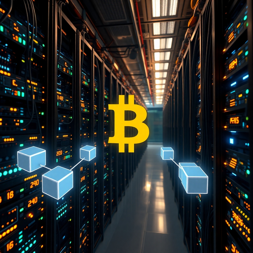A photorealistic image of a futuristic data center, filled with powerful computer servers humming with activity, visually representing the process of Bitcoin mining.  Focus on the intricate cabling and the glowing lights of the hardware.  A transparent overlay should show a simplified blockchain structure with blocks linking together, visually connecting the mining process to the blockchain.