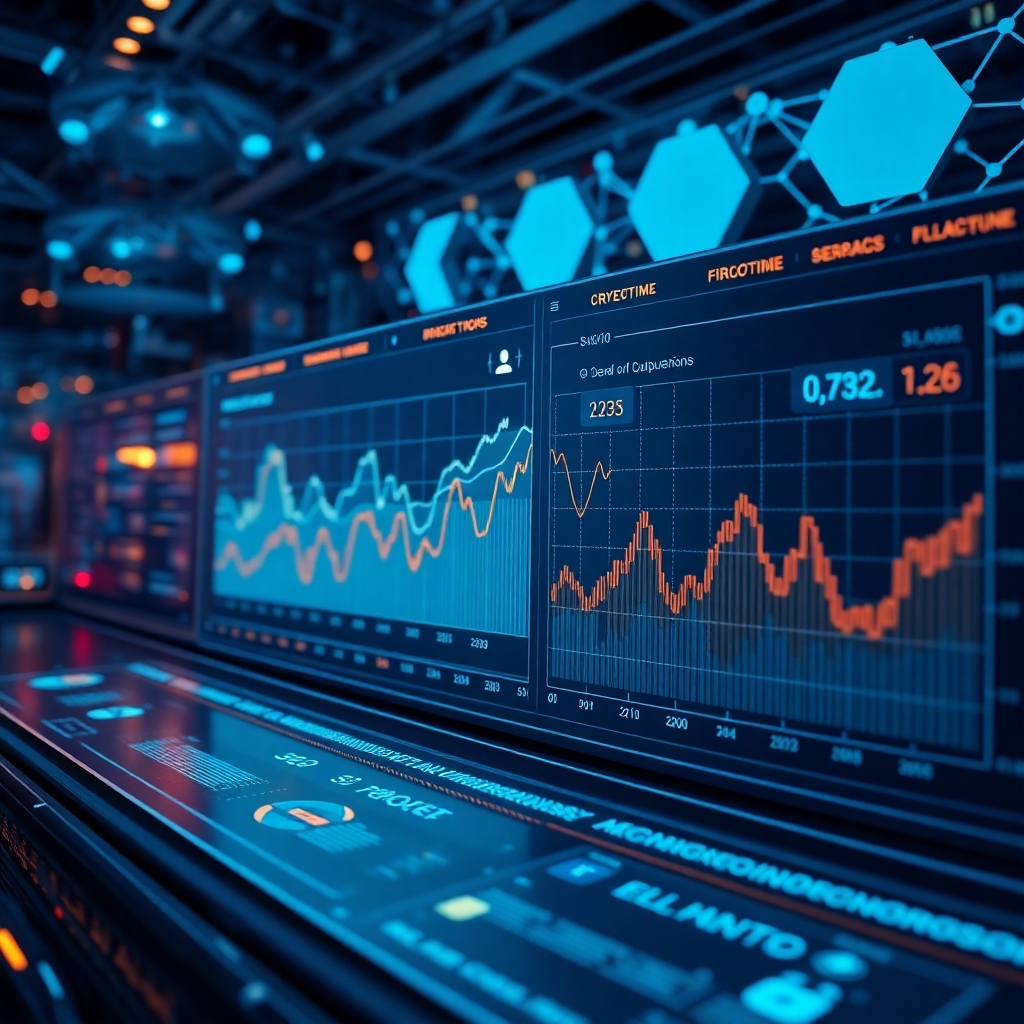 A photorealistic image of a futuristic interface displaying graphs and charts showing real-time cryptocurrency lending and borrowing activity.  The interface should show various cryptocurrencies with fluctuating values. In the background, subtle representations of blockchain technology and connected networks should be visible, emphasizing the decentralized aspect.