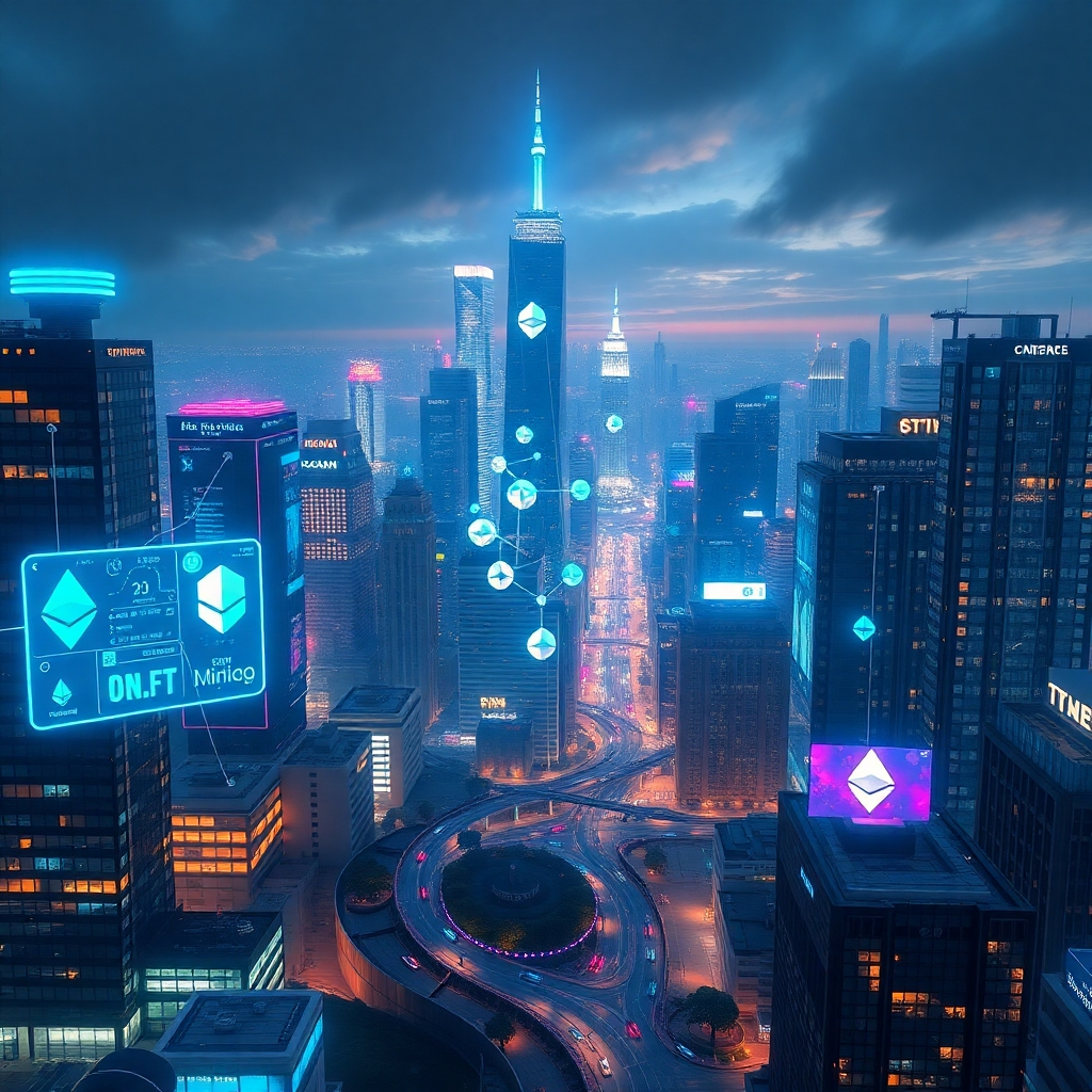 A photorealistic image of a futuristic cityscape with holographic displays showing various dApps, showcasing diverse functionalities like DeFi, NFTs, and gaming, all powered by an Ethereum blockchain visualised as glowing nodes connecting the city.