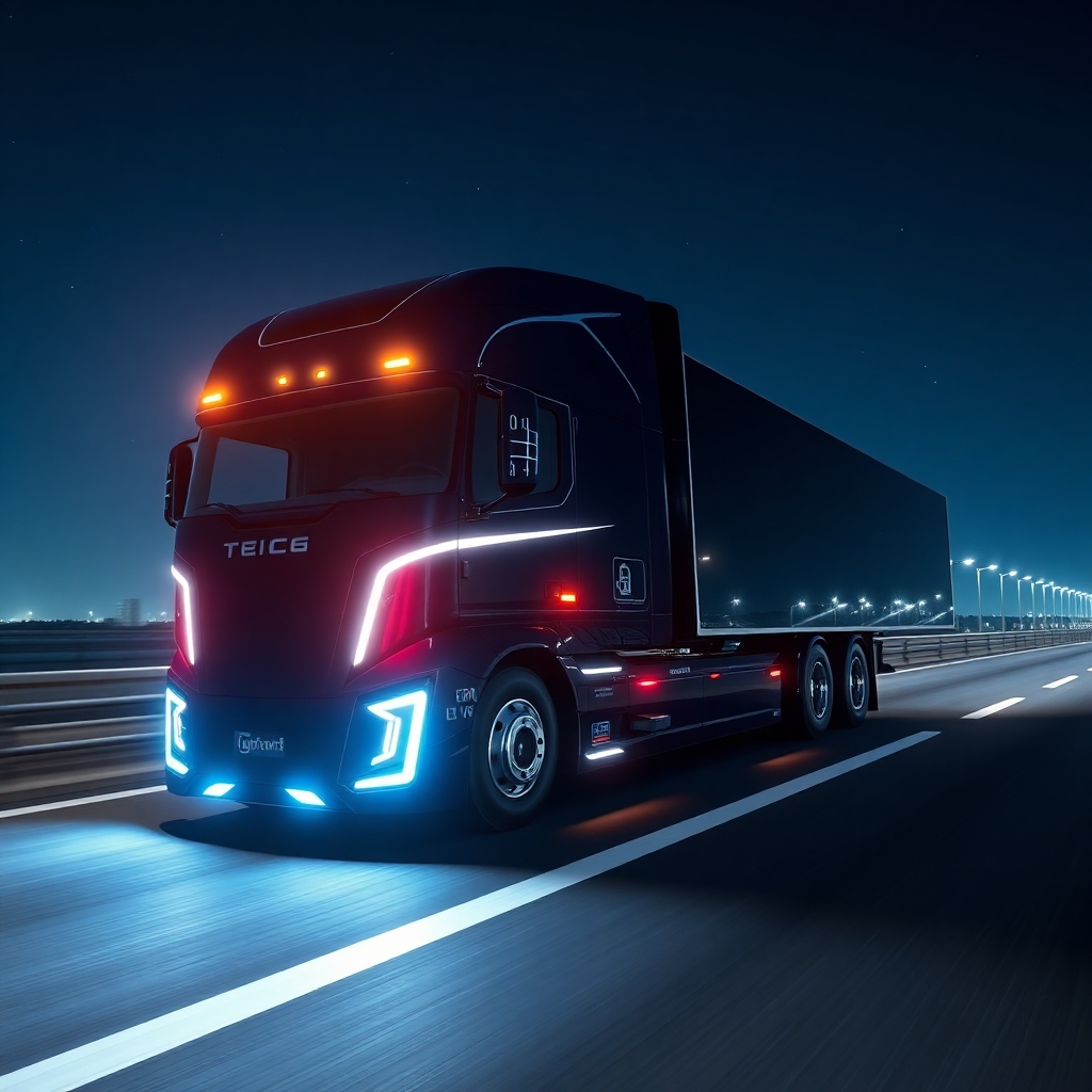 A photorealistic image of a futuristic, autonomous semi-truck driving on a highway at night, with glowing headlights and sleek design. The truck should be driving smoothly, with minimal human interaction visible. Show a clear night sky with stars, and a modern highway setting.  Emphasize technological features like sensors and cameras subtly integrated into the truck's design.