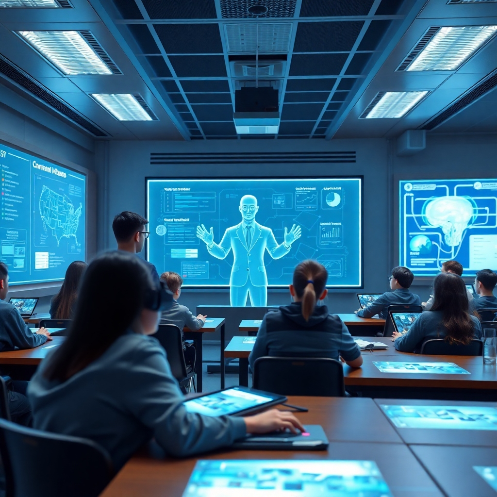 A photorealistic image of a futuristic classroom where AI-powered holographic teachers interact with students, providing personalized feedback and adapting curriculum based on their individual needs and progress. The students look engaged and focused on their studies using augmented reality interfaces.