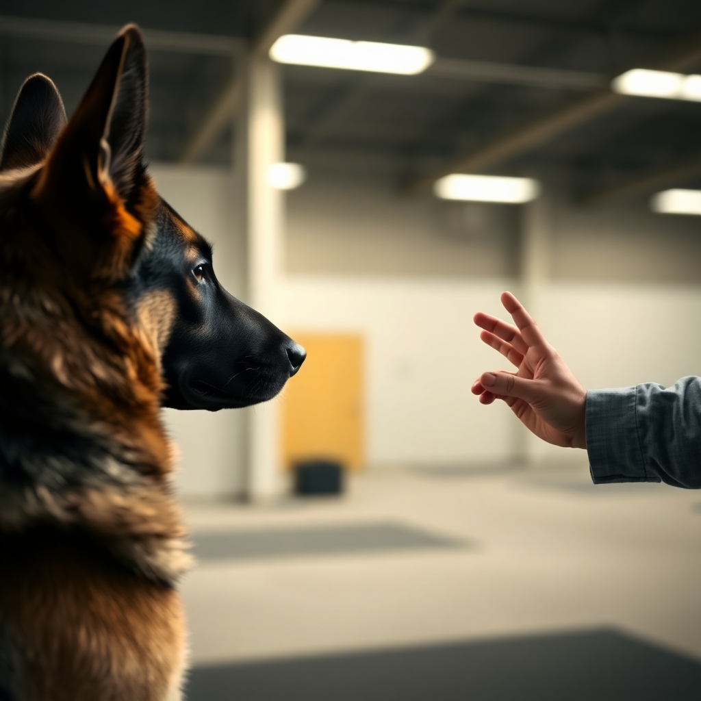 A photorealistic image of a German Shepherd attentively watching its owner demonstrating a hand signal combined with a verbal command. The background is a well-lit training facility.  The dog's focus and understanding are clearly visible.