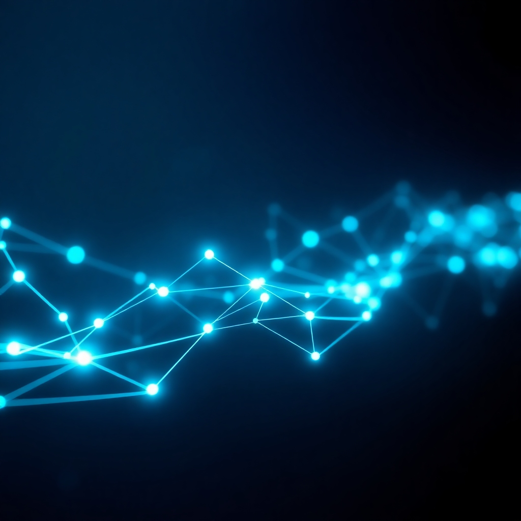 A photorealistic image of a glowing, transparent blockchain network, with data packets securely moving along interconnected nodes. The background should be dark, with subtle blue and green hues to represent security and technology. The overall image should emphasize the secure, transparent, and interconnected nature of blockchain technology, representing enhanced security and trust in financial transactions.