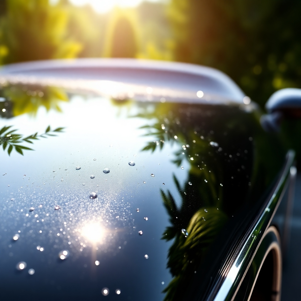 A photorealistic image of a gleaming black car, freshly detailed, sitting under bright sunlight.  Water droplets are visible on the perfectly smooth paintwork. The background is a softly blurred, lush green garden. The car's chrome details sparkle intensely. High resolution, 8k, hyperrealistic, detailed, perfect lighting