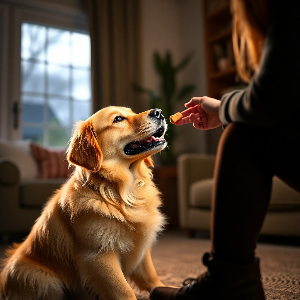 A photorealistic image of a Golden Retriever sitting patiently, attentively looking at its owner, who is holding a treat close to the dog's nose. The background is a softly lit, cozy living room. The lighting emphasizes the joyful interaction between the dog and its owner, creating a warm, loving atmosphere. The image should capture the moment of anticipation and reward, highlighting the positive reinforcement training technique.