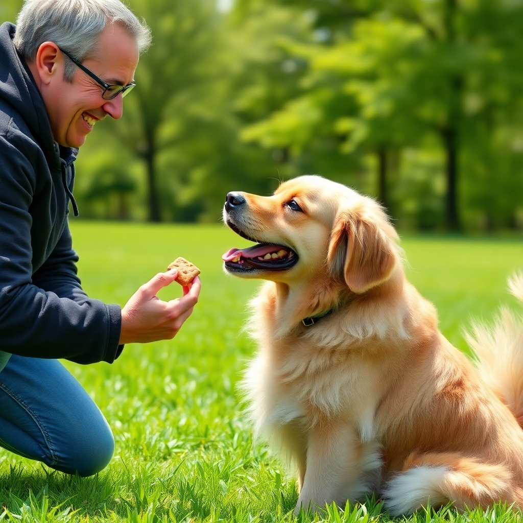 A photorealistic image of a Golden Retriever happily receiving a treat from its owner after successfully completing a sit command. The dog's tail wags enthusiastically, and the owner smiles warmly. The background is a sunny park with lush green grass.