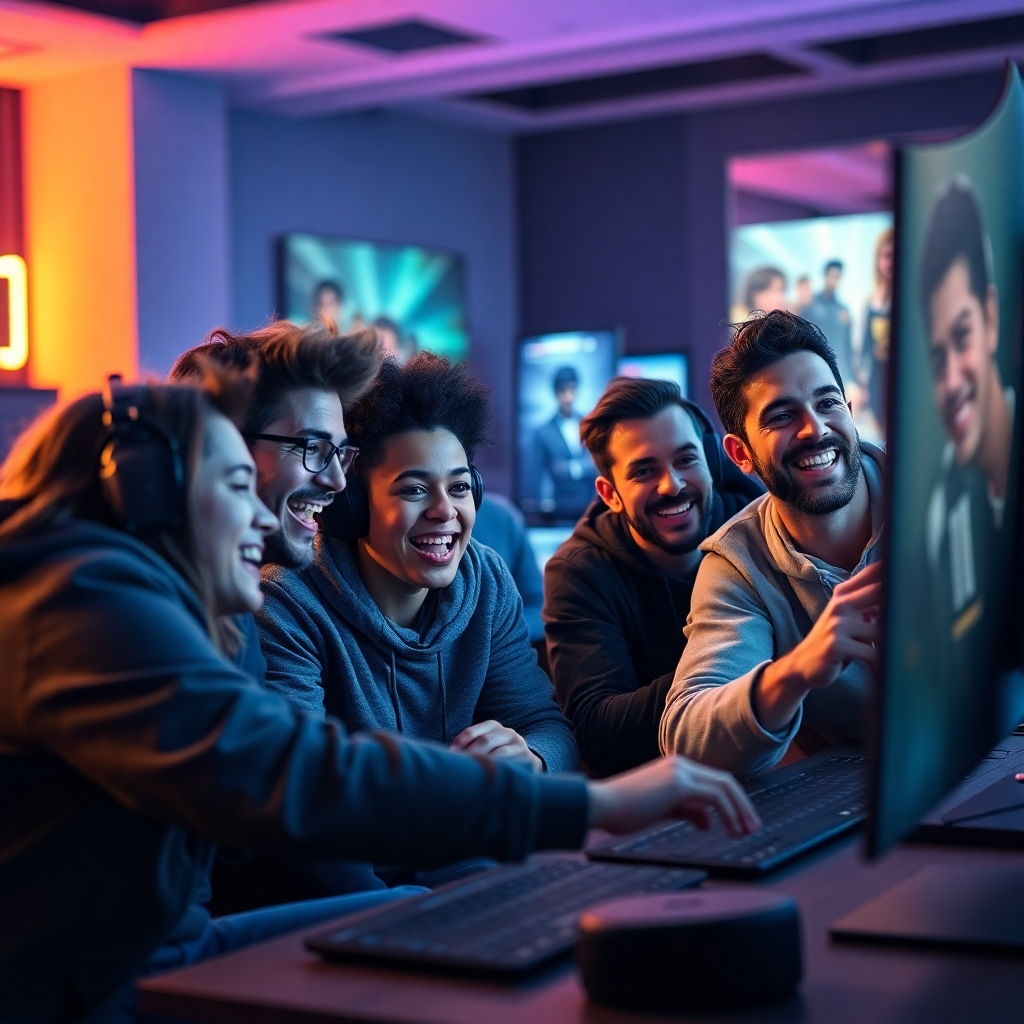 A photorealistic image of a group of diverse friends intensely focused on a competitive online video game, displayed on a large, curved monitor.  The scene should be energetic, showing emotion and teamwork, with realistic game elements subtly incorporated in the background. High detail, sharp focus, vibrant colors
