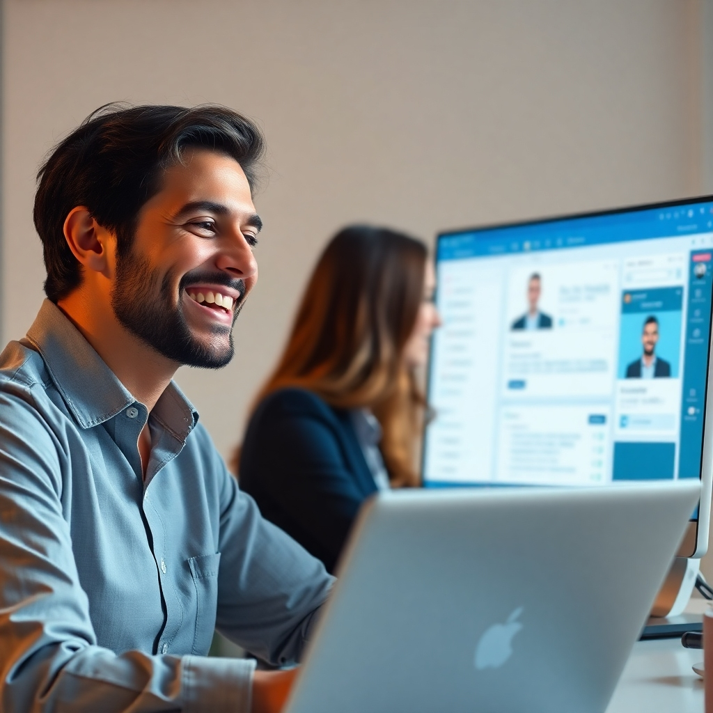 A photorealistic image of a happy, relaxed business owner smiling and looking at a laptop, while in the background, a virtual assistant is shown on a computer screen efficiently managing tasks and emails. The overall tone should be bright, airy, and convey a sense of calm and efficiency. The image should be high-resolution and have a professional feel.
