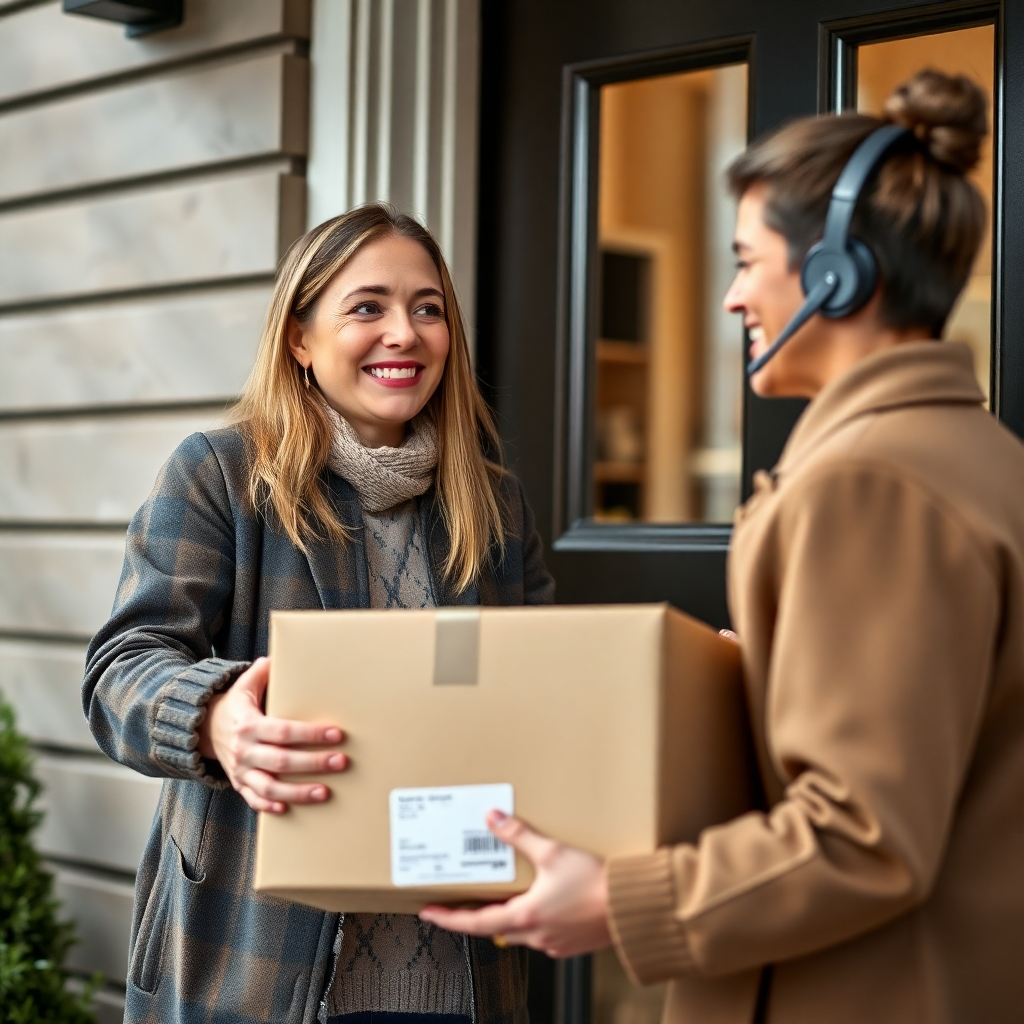 A photorealistic image of a happy customer receiving a package at their doorstep. The package should be clearly labeled from the online store. In the background, a friendly customer service representative on a phone is depicted, indicating helpful support. The overall mood should be one of satisfaction and efficient service.