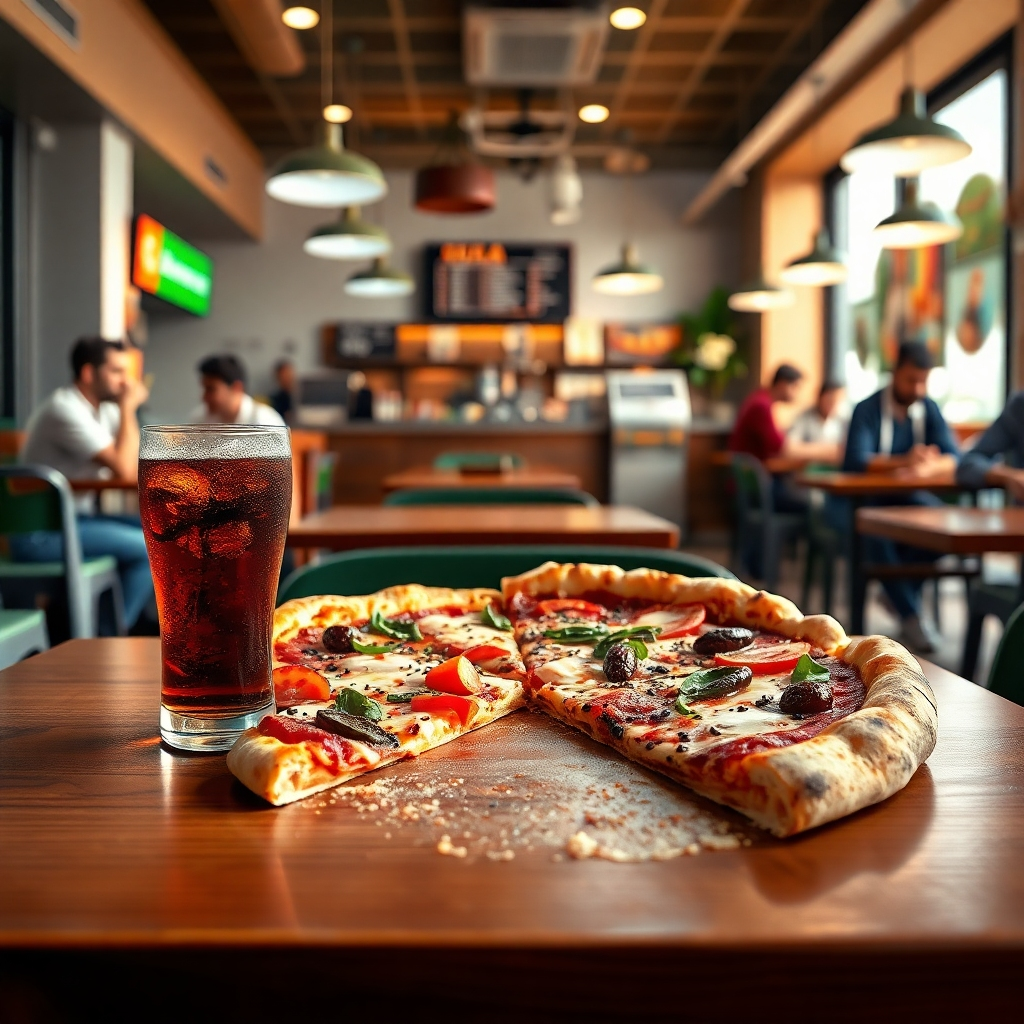 A photorealistic image of a half-eaten pizza with various toppings and a glass of soda on a wooden table. The background shows a clean, modern pizza restaurant with friendly staff and satisfied customers. The image should clearly showcase both the generous portion size and the delicious-looking pizza