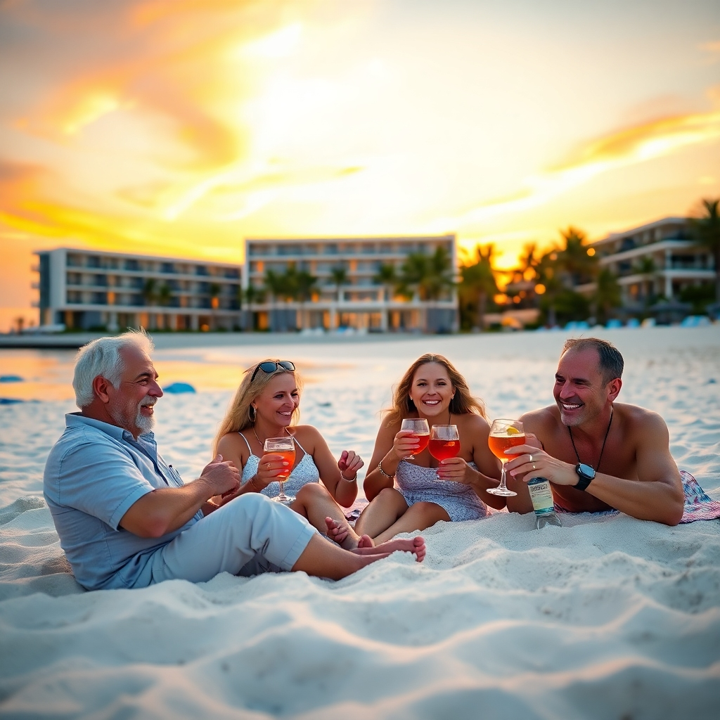 A photorealistic image of a happy family relaxing on a pristine beach in front of a luxurious beachfront hotel at sunset. The family is smiling and enjoying cocktails.  The hotel is modern and stylish. In the background, there's a beautiful sunset with vibrant colors. The overall mood should be luxurious yet relaxing, conveying a sense of affordable luxury.