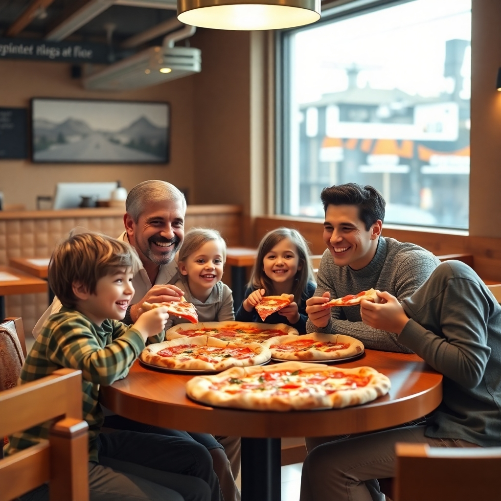 A photorealistic image of a happy family—parents and two children—sitting around a table in a brightly lit pizza restaurant. They're enjoying pizza together, smiling, and laughing. The restaurant should have a warm, inviting atmosphere with wooden furniture and soft lighting.