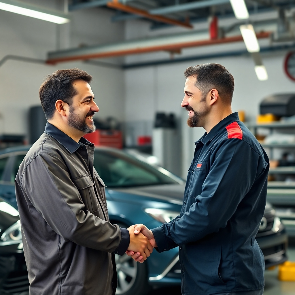 A photorealistic image of a happy customer shaking hands with a friendly mechanic in a clean, well-organized auto repair shop. The overall mood should be positive and welcoming, conveying trust and reliability. The customer and mechanic should appear pleased and confident.