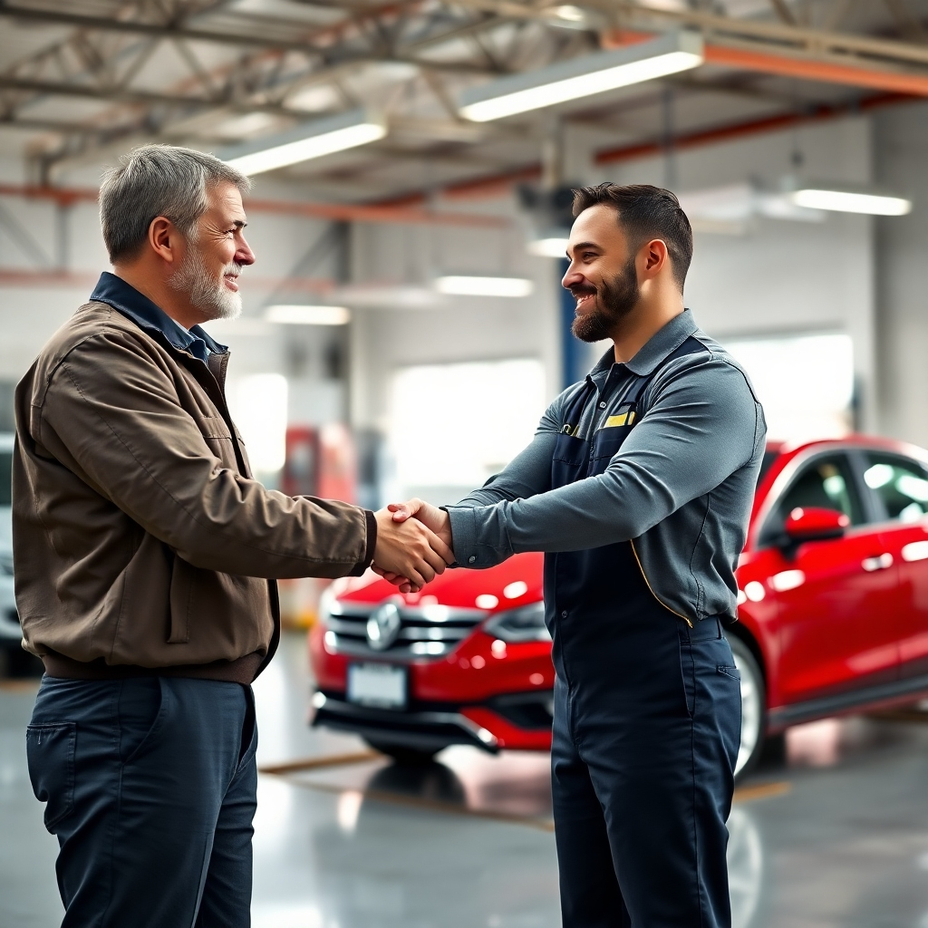 A photorealistic image of a happy customer shaking hands with a friendly mechanic in a well-lit auto repair shop.  The car is in the background, looking newly repaired. The scene projects trust, reliability, and professionalism. The image should be bright, positive and emotionally engaging, emphasizing a feeling of successful service and customer satisfaction.