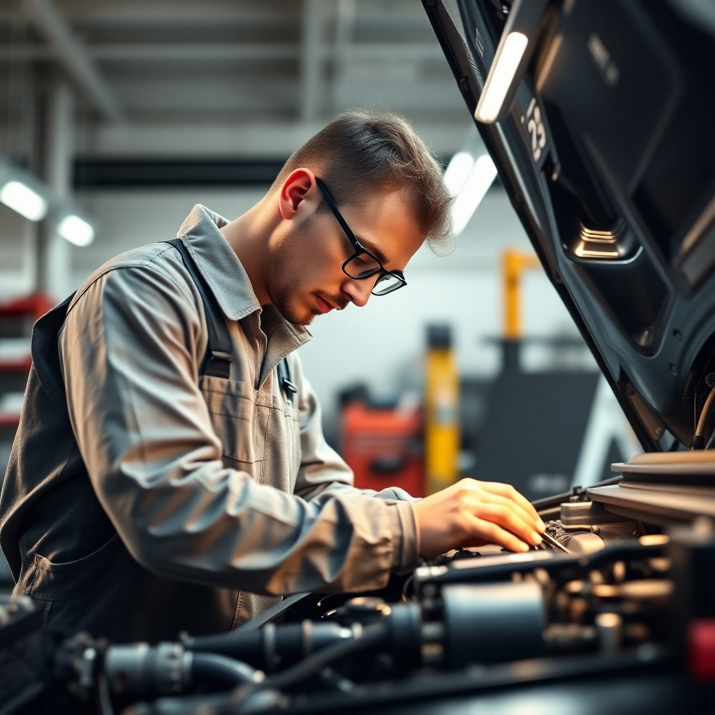 A photorealistic image of a highly skilled mechanic meticulously working on a car engine, wearing clean overalls and using advanced diagnostic tools in a brightly lit, modern auto repair shop. The focus should be on the detail and precision of the work. The background should be slightly blurred to emphasize the mechanic and their work.