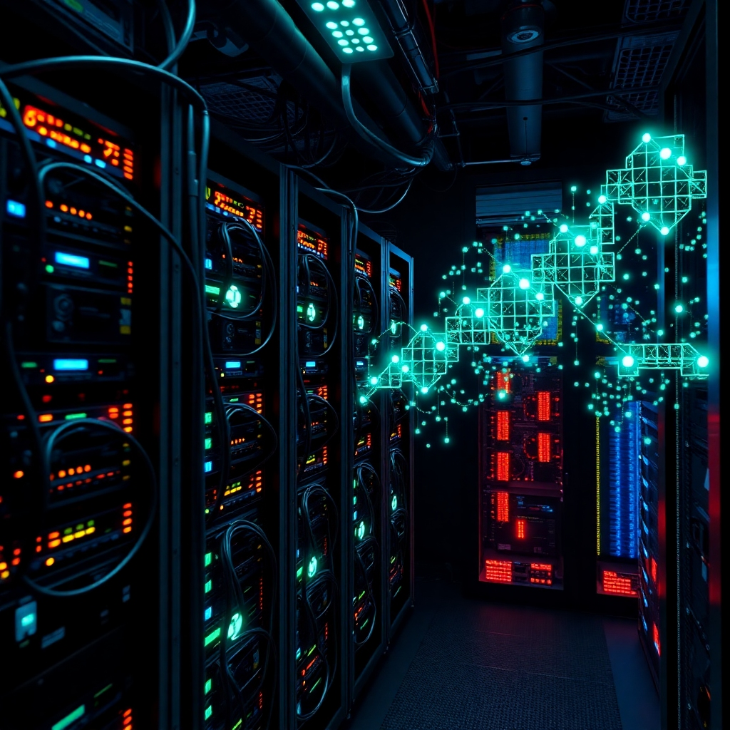 A photorealistic image of a high-tech server room filled with powerful computers humming and glowing, their fans whirring.  Focus on the intricate wiring and the complex machinery.  The background should show a stylized blockchain, with each block visually representing a completed transaction.  The lighting should be dramatic, highlighting the power consumption and the computational intensity of the process.