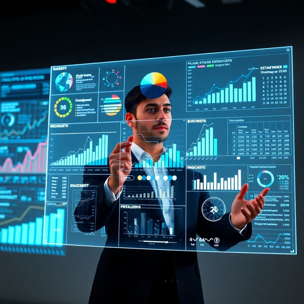 A photorealistic image of a holographic projection displaying complex, dynamic data visualizations and insightful business charts. The visualization should be clear, easy to understand, and present a narrative of growth and strategic success.  A businessperson should be seen interacting with the projection, seemingly analyzing the data.