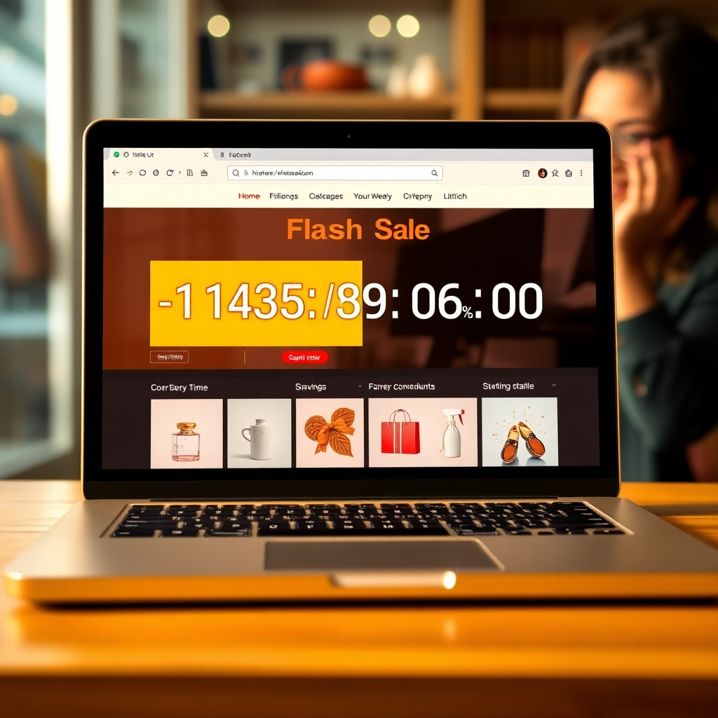 A photorealistic image of a laptop displaying a website with a prominent banner announcing a 'flash sale' with a countdown timer, showing a variety of attractive products with large percentage discounts. The background should be a subtly blurred image of a person excitedly shopping online.