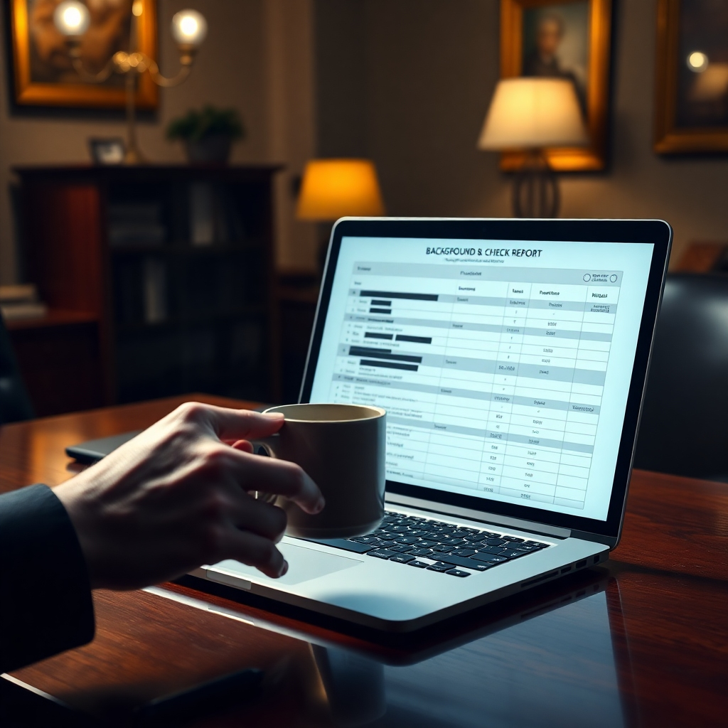 A photorealistic image of a laptop screen displaying a detailed background check report, with blurred out personal information highlighted, sitting on a mahogany desk in a dimly lit office. A private investigator's hand is reaching for a cup of coffee, subtly showing the intensity and long hours required for this work.