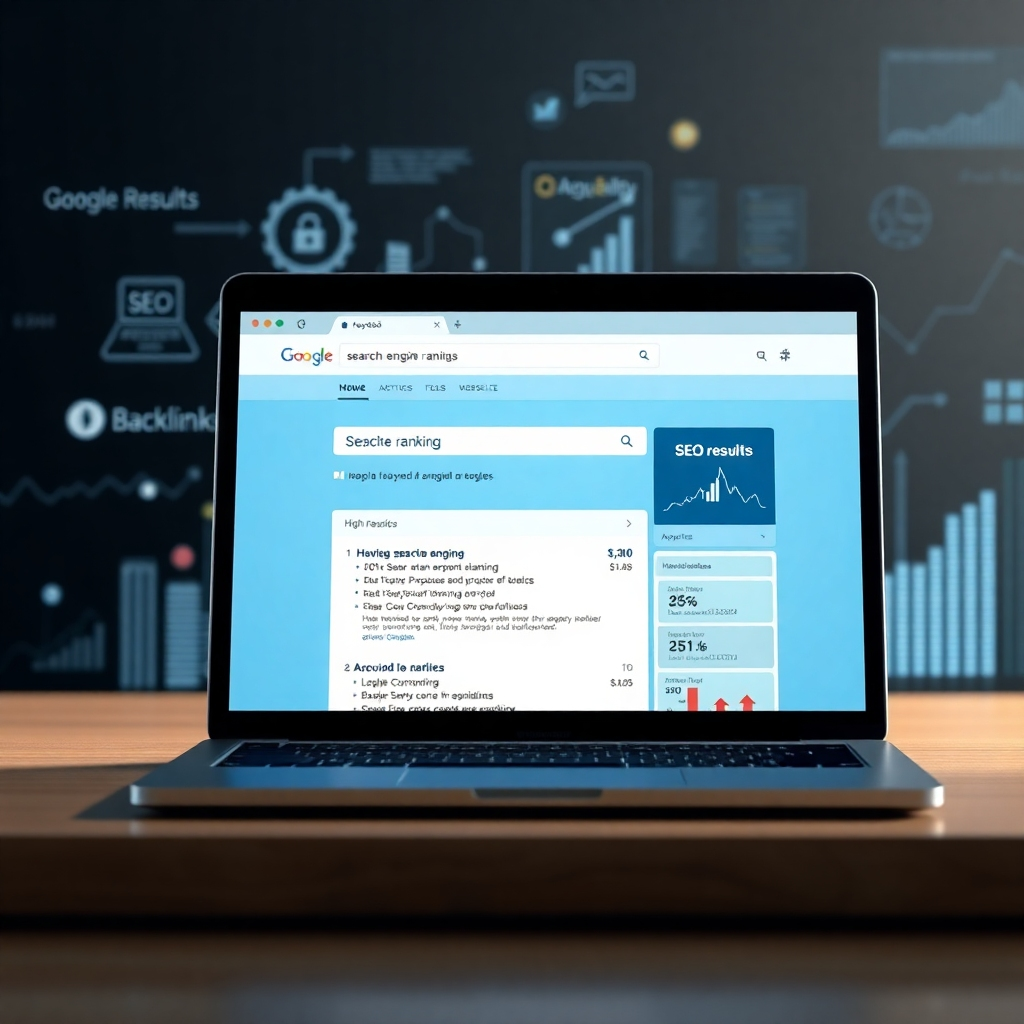 A photorealistic image of a laptop displaying a website with a high search engine ranking in Google search results. The background should include various digital elements representing SEO such as keywords, backlinks, and website analytics. The overall aesthetic should be clean, professional, and technology-focused.