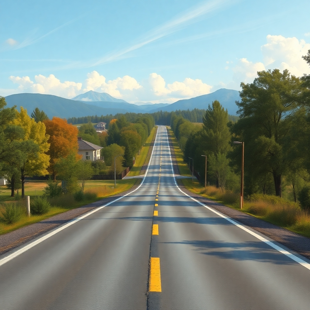 A photorealistic image of a landscape painting with a clear one-point perspective.  The painting should feature a meticulously rendered road receding into the distance, with trees and buildings that accurately reflect the perspective. The style should be realistic, showcasing detail and depth.