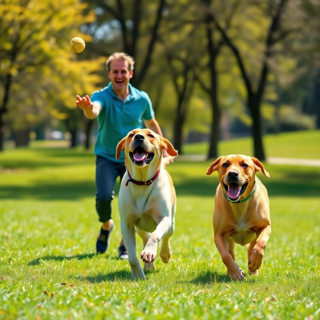 A photorealistic image of a Labrador Retriever and its owner playing fetch in a sunny park. The owner is laughing joyfully while throwing a ball, and the dog is running enthusiastically to retrieve it. The setting is a vibrant, outdoor scene full of natural light, with trees and green grass in the background. The image should capture the dynamic interaction and joyful connection between the dog and owner, demonstrating a strong emotional bond.