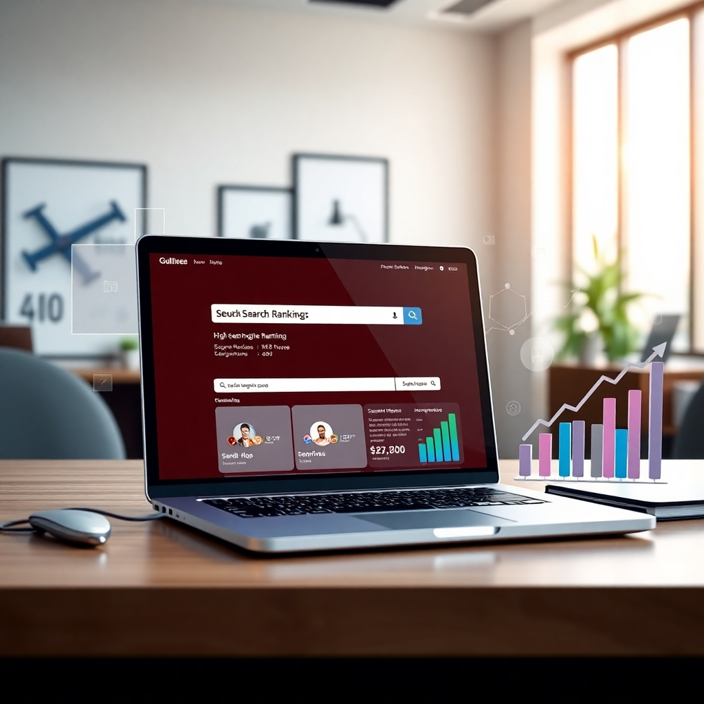 A photorealistic image of a laptop displaying a website with high search engine rankings, surrounded by various digital marketing tools and charts showing upward trends.  The background should be a modern, minimalist office setting with soft lighting. The image should emphasize the feeling of success and achievement.