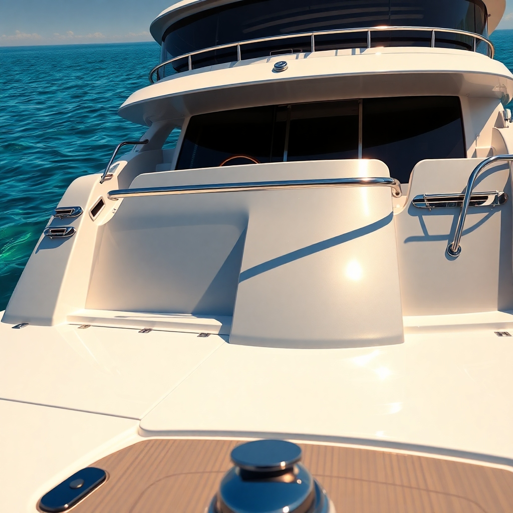 A photorealistic image of a large motorboat, gleaming and polished after a professional detailing. The boat is in pristine condition, with the sun reflecting off its polished hull and chrome accents. The water is crystal clear, reflecting the boat beautifully. The image should emphasize the meticulous detail and shine achieved through professional detailing.