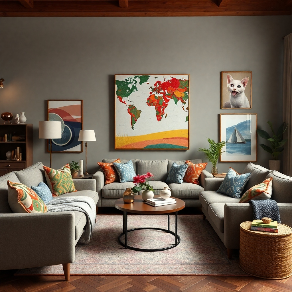 A photorealistic image of a living room featuring a comfortable eclectic mix of furniture, vibrant artwork reflecting personal interests, and unique accessories like patterned throw pillows and family photos, showcasing a warm and inviting atmosphere. The lighting should be soft and natural, highlighting textures and colors.