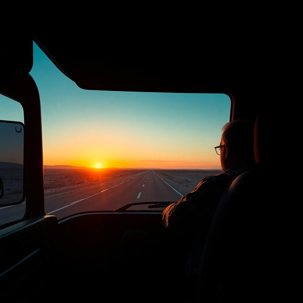 A photorealistic image of a lone trucker sitting in his truck cab at sunset, looking out at a vast, empty highway stretching to the horizon. The interior of the cab should be dimly lit, highlighting the feeling of isolation. The overall mood should be melancholic but also hint at a sense of freedom.